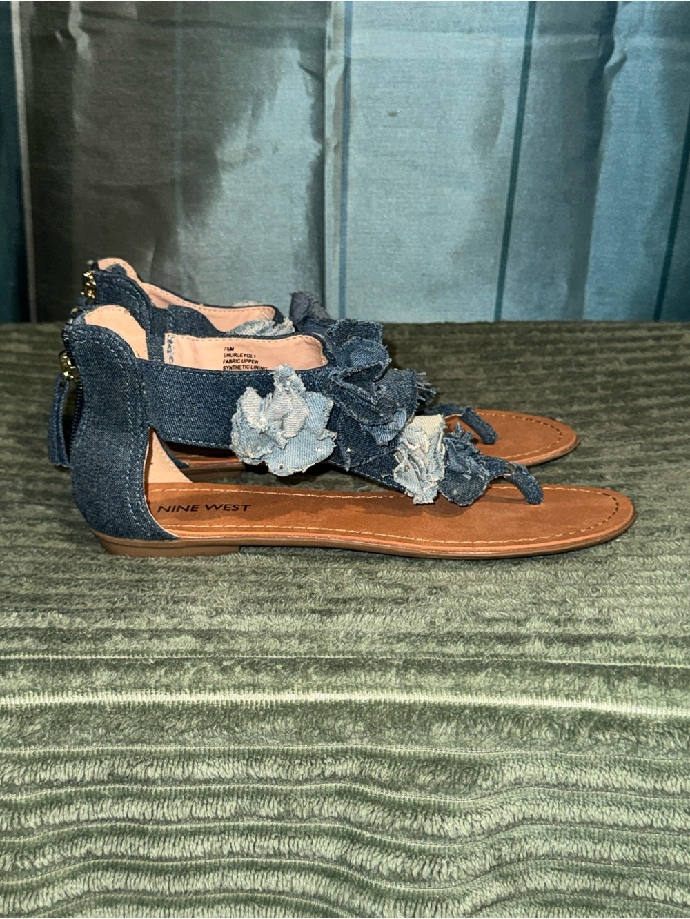Nine West Denim Floral Gladiator Sandals - Dark Blue